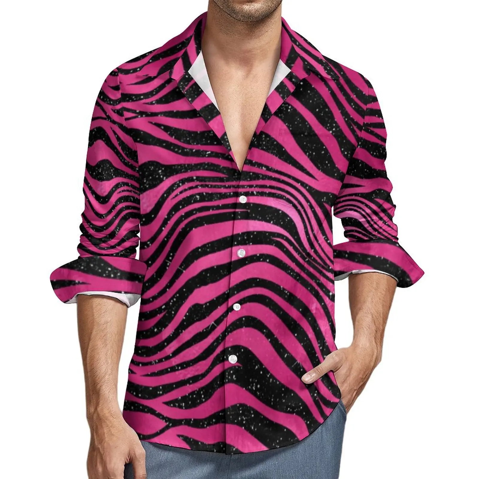 

Male Shirt Tiger Print Casual Shirts Long Sleeve Bright Pink Black Stripes Stylish Blouse Spring Loose Graphic Oversized Clothes