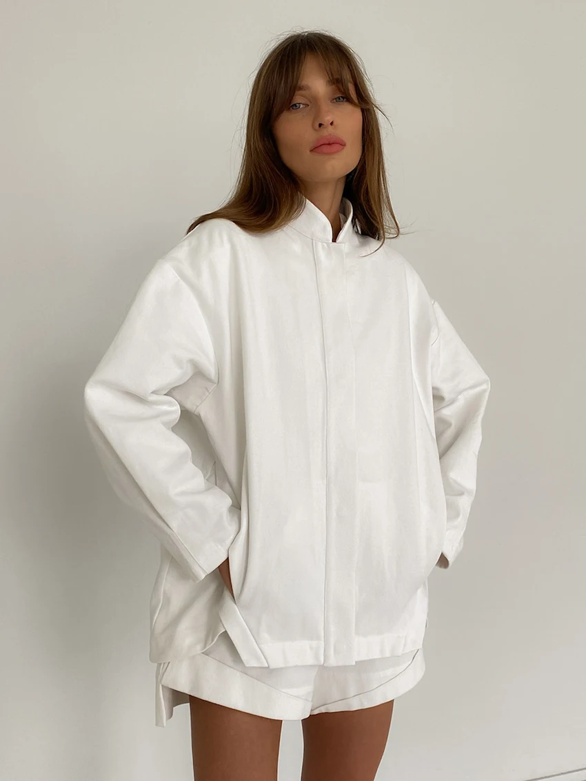 Marthaqiqi Cotton Loose Women'S Pajamas 2 Piece Suit O-Neck Sleepwear Long Sleeve Nightgowns Shorts Casual Ladies Nightwear Sets