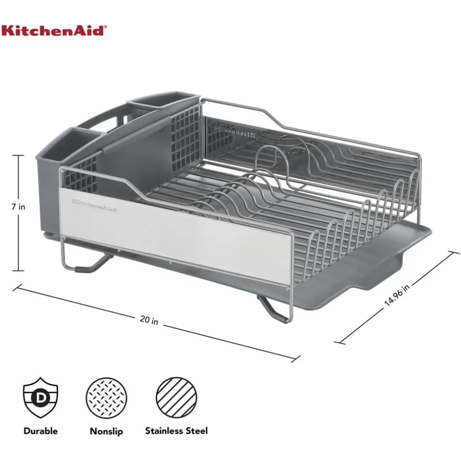 Large Capacity Full Size Rust Resistant Dish Rack with Angled Drain Board and Removable Flatware Caddy Light Grey