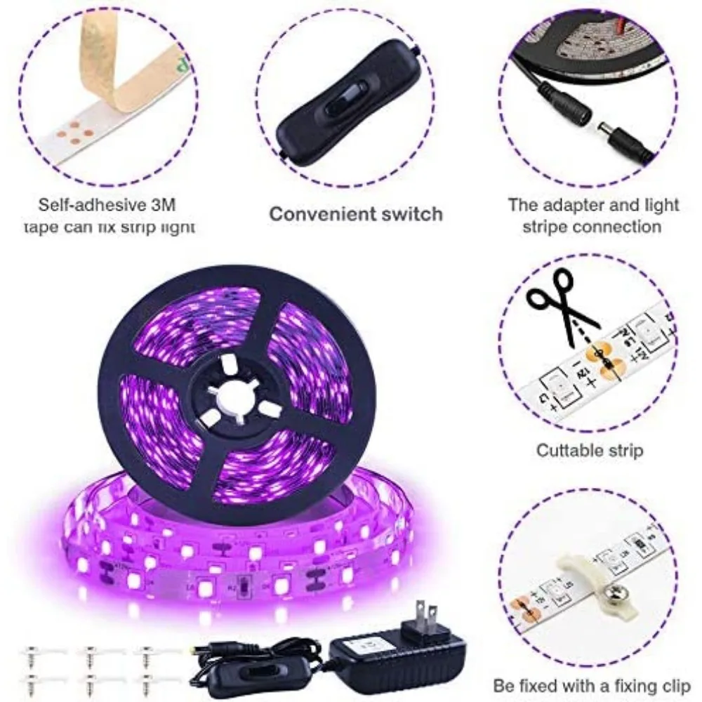 Kit de tira de luz LED UV negra de 24 W, resistente al agua ultravioleta  IP65 16.4 pies/5M 3528 300 LED, luz negra de 395 nm-405 nm para DJ, bar