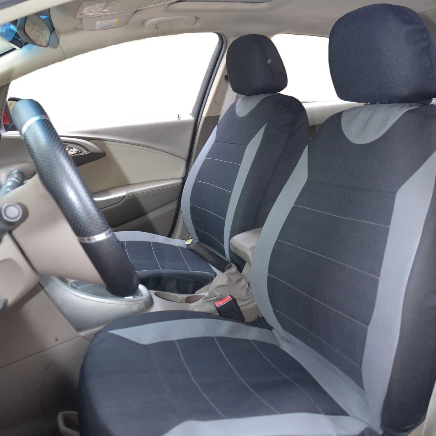 Sporty Two-Tone Fabric Car Seat Covers - Full Set for 5 Seats in Black, Red, Pink, Blue, Gray, Beige