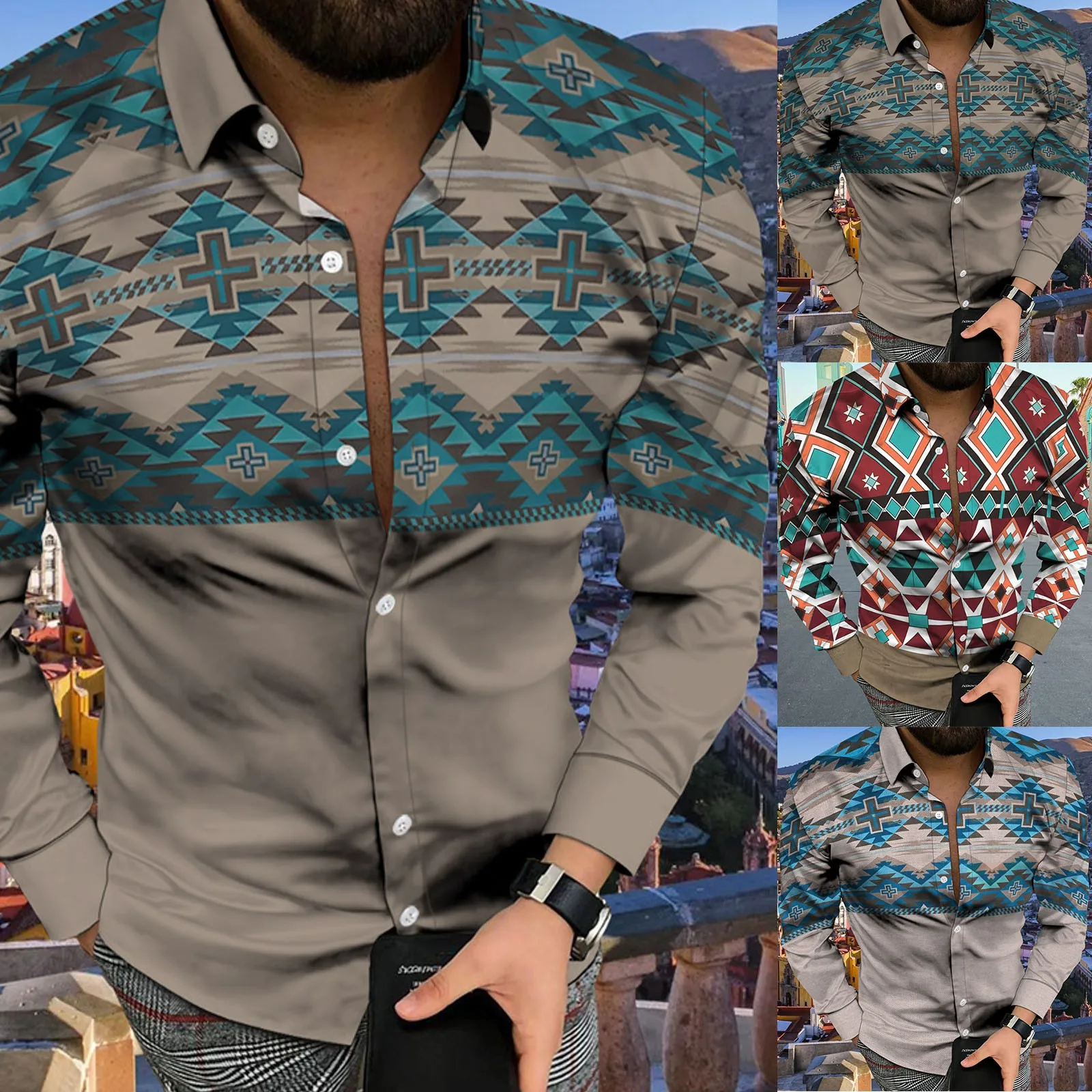 

Aztec Geometric Print Ethnic Shirts For Mens 3d Digital Printing Pocket Lapel Long Sleeve Shirt Beach Holiday Handsome Men Tops