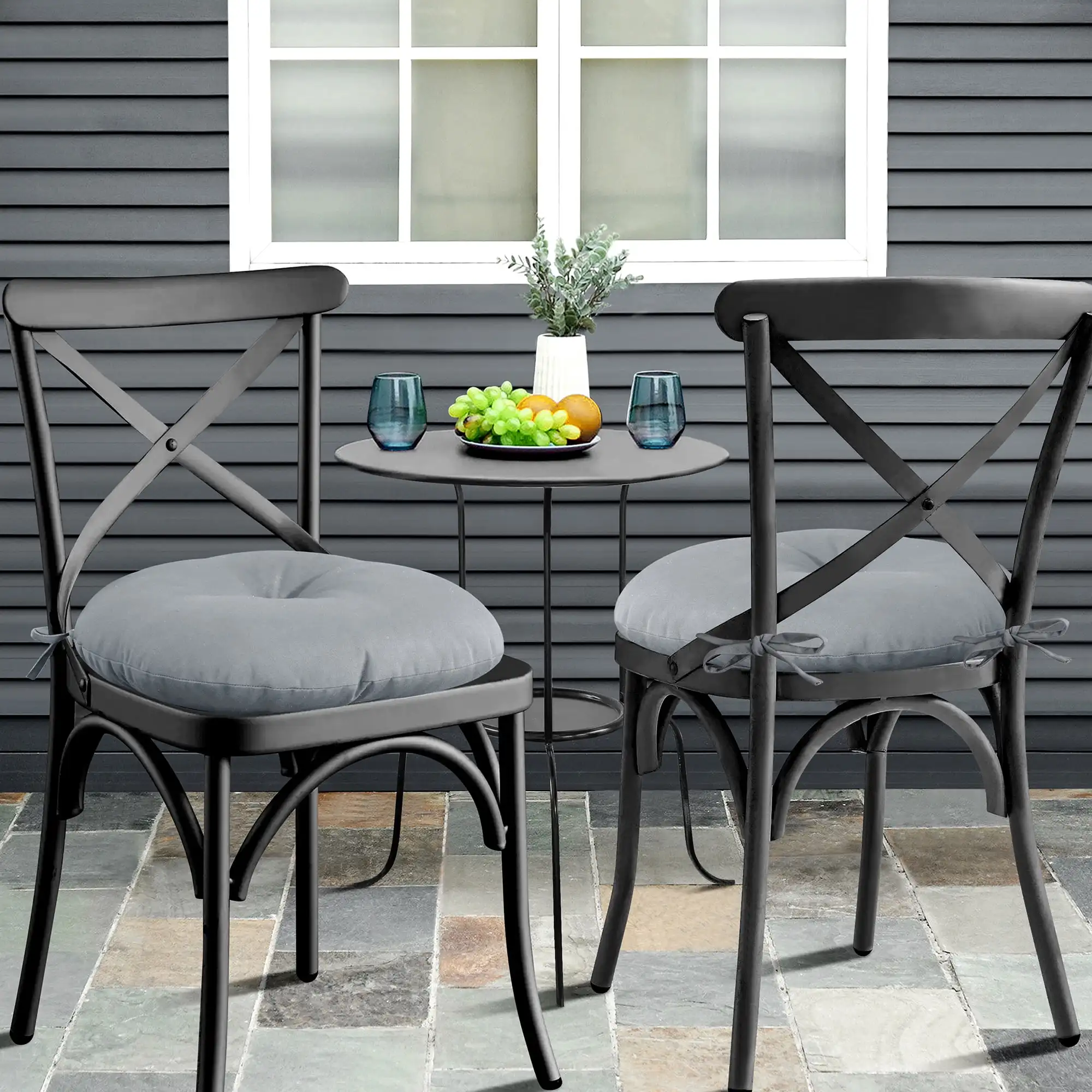 

Sweet Home Collection Bistro Patio Chair Tufted Cushion 15" x 15" x 5 with Ties - Silver, 2 Pack