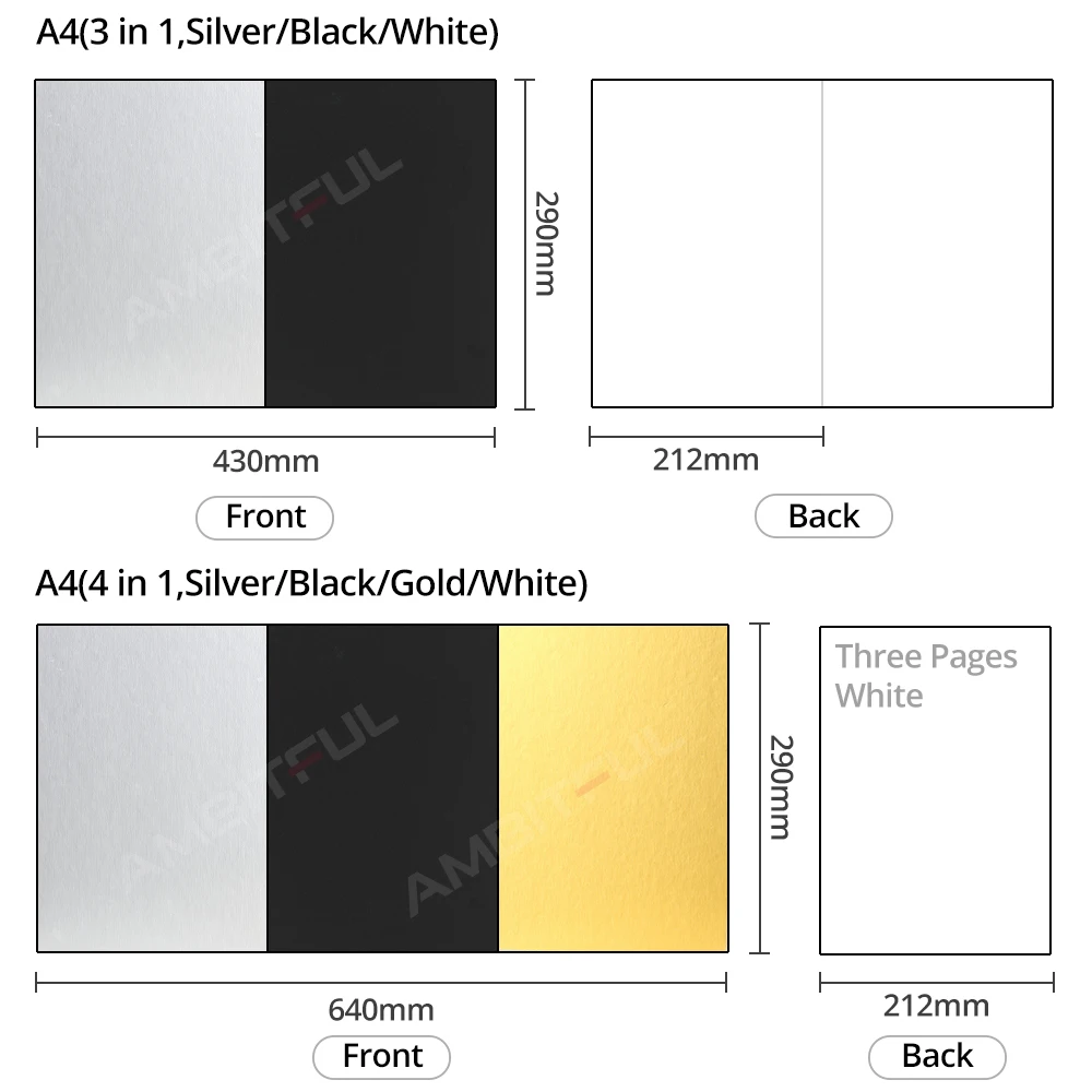 AMBITFUL 21cm * 29cm 29cm*42cm Reflector Black Silver White Gold Background Paper Thick Folding Board for Studio Shooting Props
