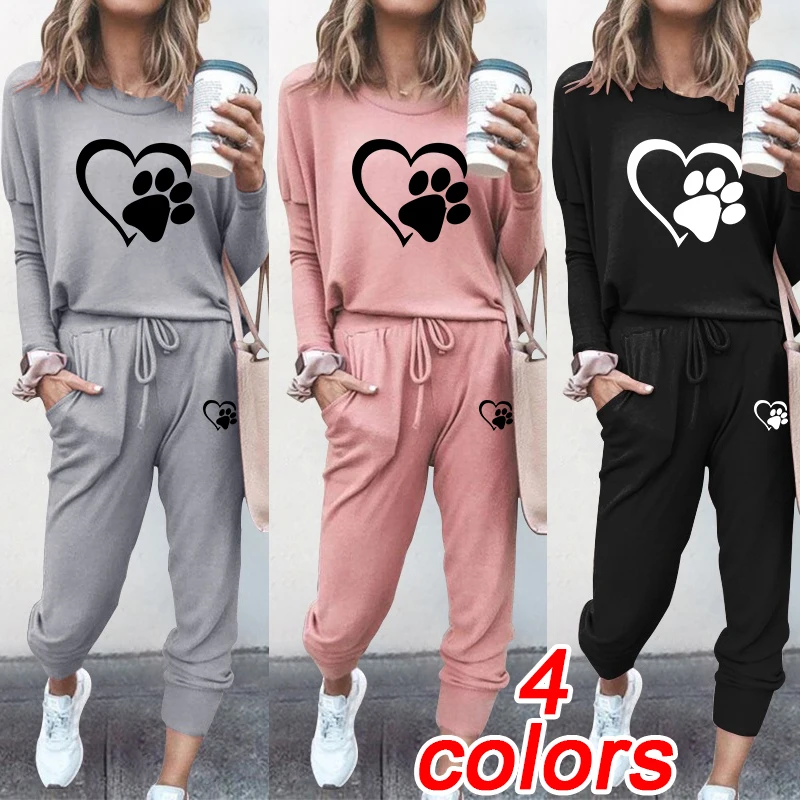 Women's Fashion Set Solid Color Printed Round Neck Long Sleeve Two Piece Jogging Set Casual Pullover Sweatwear Pants Jogging Set women fleece letter print two piece set casual long sleeve hoodie sweatshirts and jogging pants suits loose female tracksuits