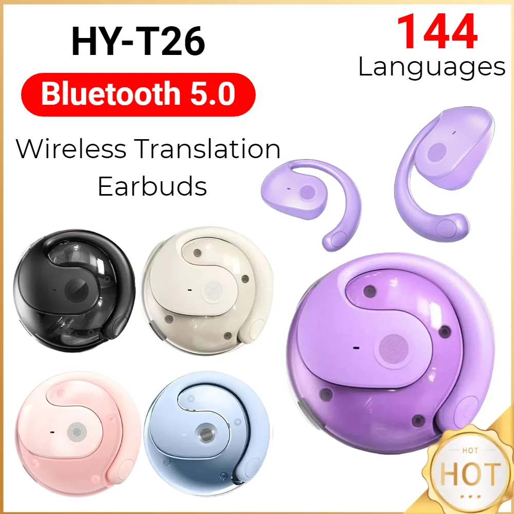 Wireless BT AI Real-time Language Translation Earphones 144 Languages Ear Hanging Headphone Translator Link