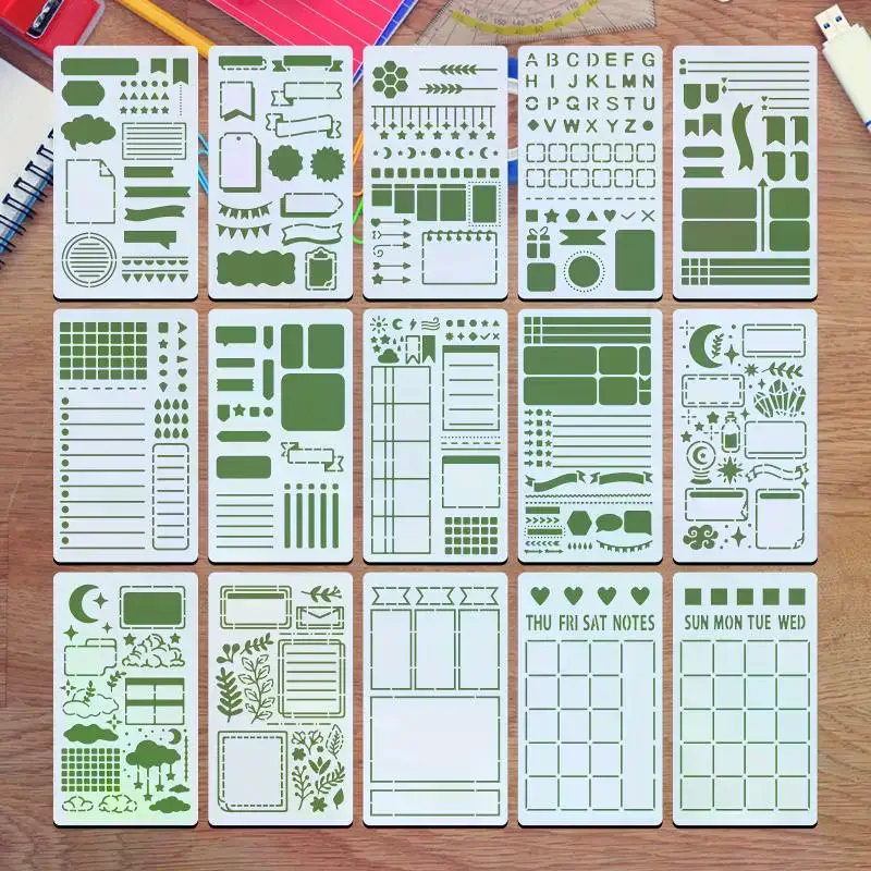 15Pcs 일기 그리기 템플릿 재사용 가능한 총알 스텐실 그림 그리기 DIY 스크랩북 일기 스크랩북 저널 문구 선물