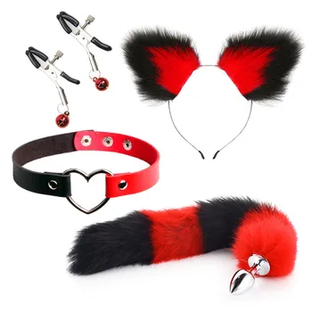 Cute Fox Tail Anal Plug Cat Ears Headbands Set Adult Games Nipple Clip Neck Collar Erotic Cosplay Sex Toys For Women Men 3
