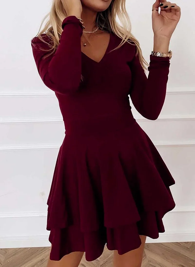 

Elegant V-Neck Ruffles Mini Dress Women Solid Colors Long Sleeve Casual Commute Sheath Dress Autumn Winter Office Lady Clothing