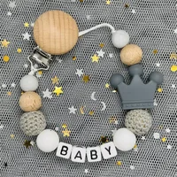Attache-sucette avec nom personnalisé, chaîne en bois de hêtre faite à la main, support de couronne en Silicone, sucette, jouet de dentition pour bébé, cadeau à mâcher, nouvelle collection 3
