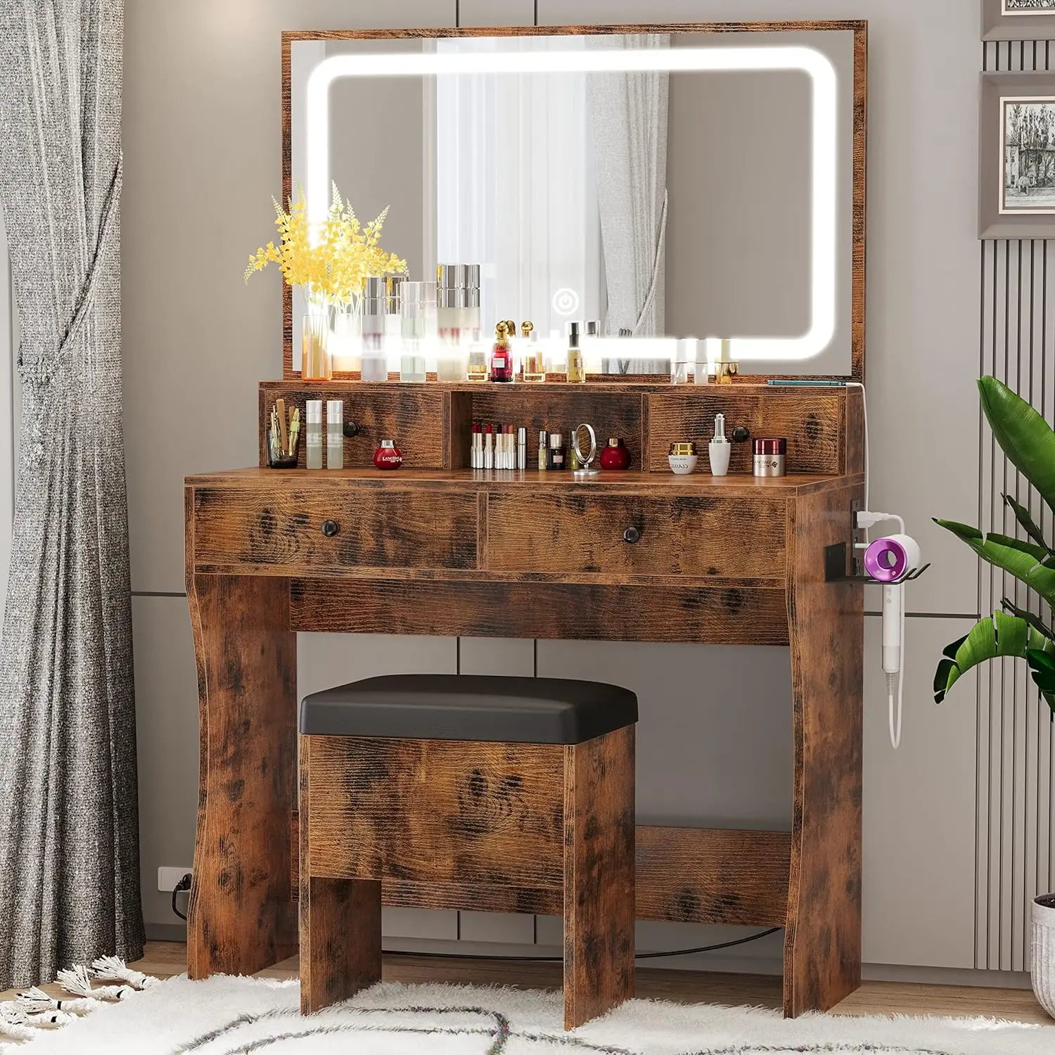 

Vanity Desk with LED Lighted Mirror & Power Outlet & 4 Drawers, Dressing Makeup Table Set with Storage Stool and Hair Dr