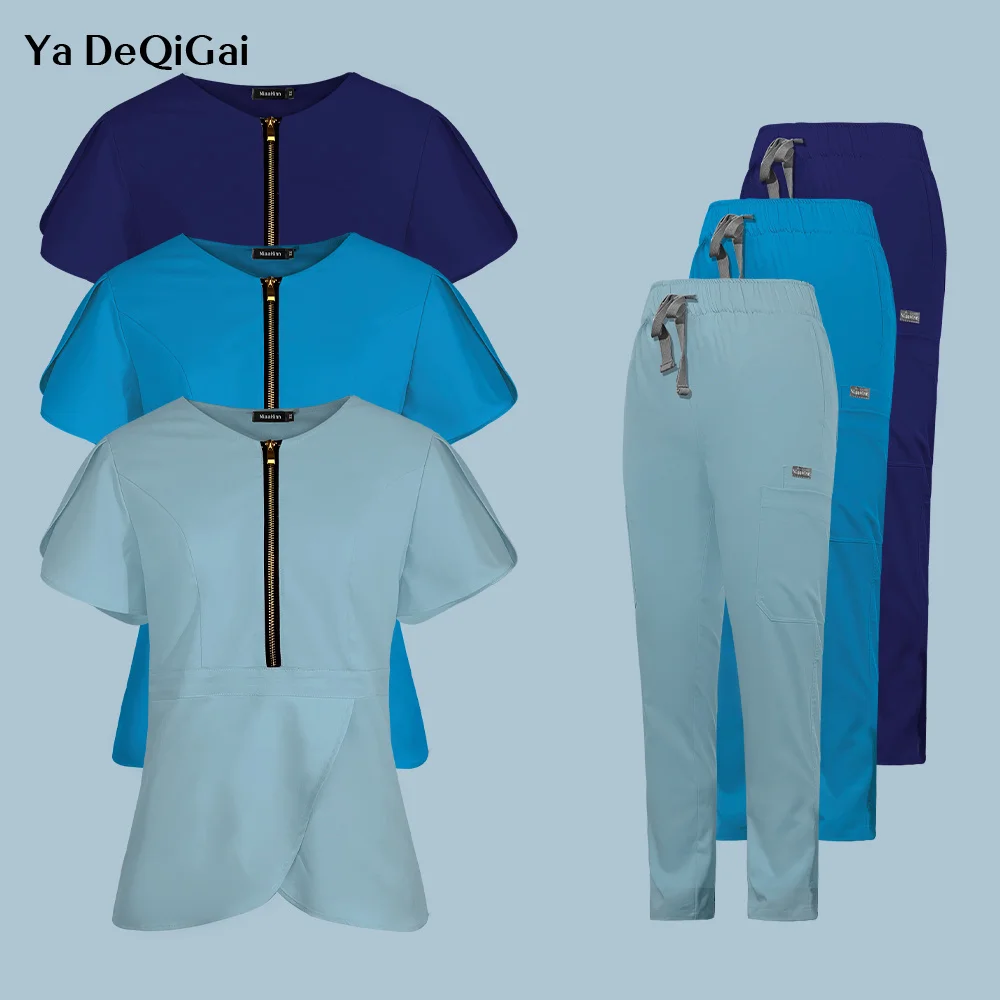 

Wholesale Medical Nursing Scrubs Suit Women Blouse Short Sleeved Nurse Working Uniforms Solid Color Pet Veterinary Work Clothes