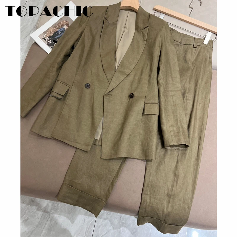 

1.17 TOPACHIC Women's Set Temperament Office Notched Collar Bead Chains Pocket Linen Blazer Or Straight Pants