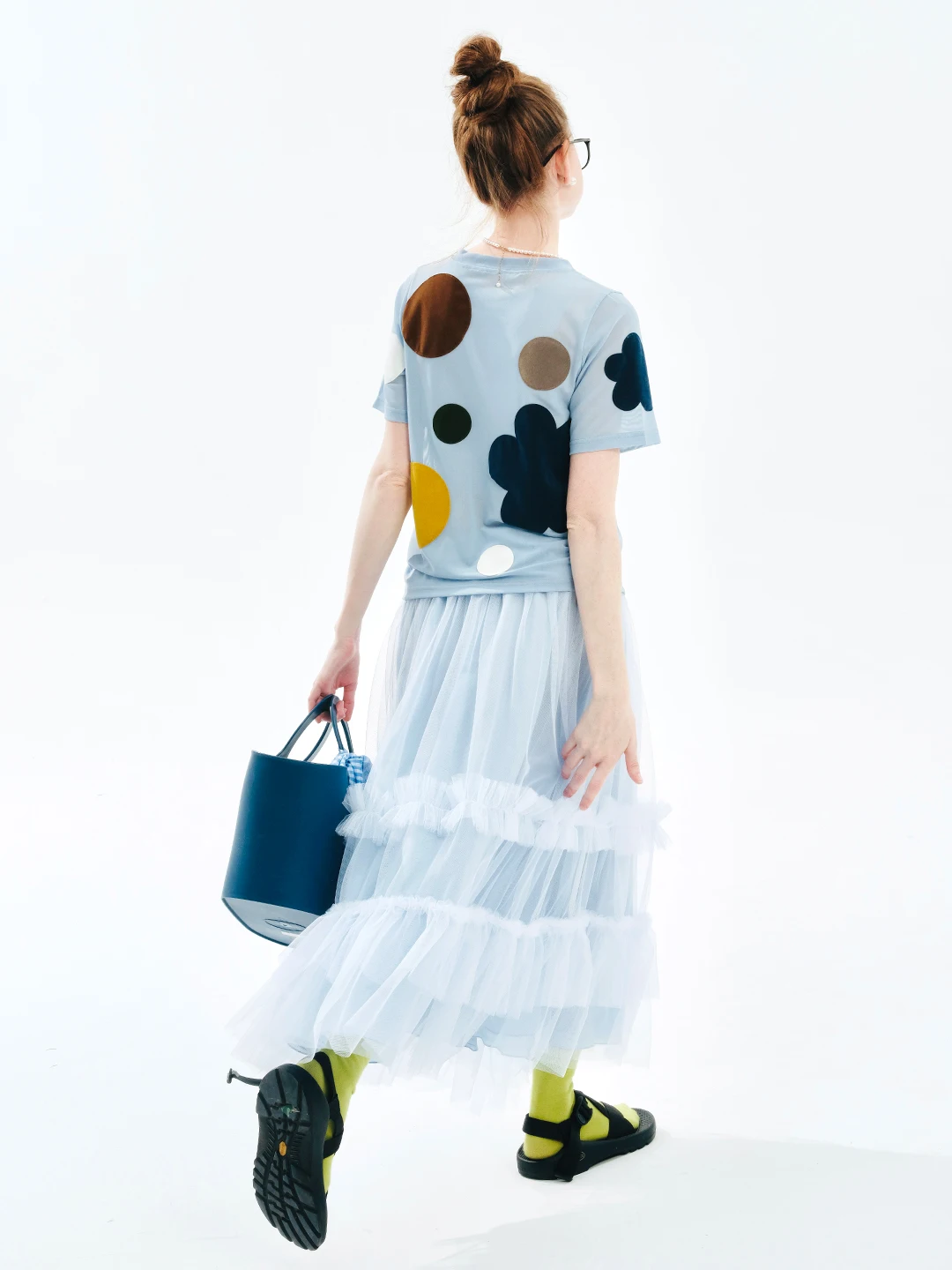 イマココニ-レディースミディアムブルーヤーンスカート、ハーフ