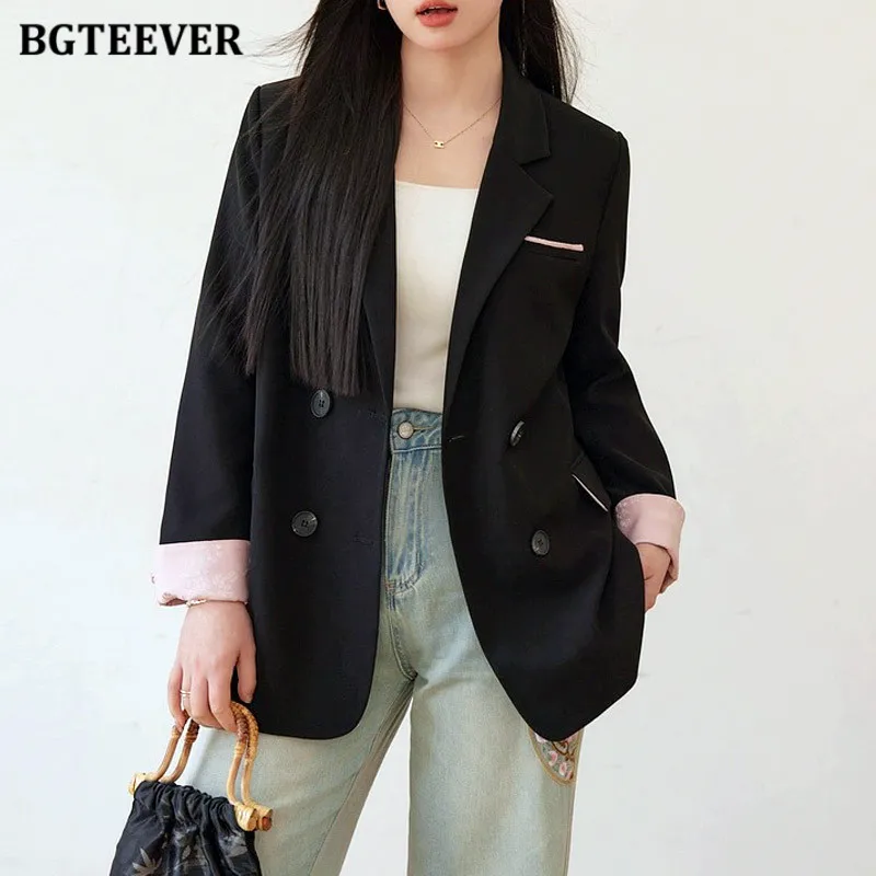 

BGTEEVER Vintage Loose Double Breasted Ladies Blazer Jackets Elegant Long Sleeve Women Suits Coats Spring Female Outwear