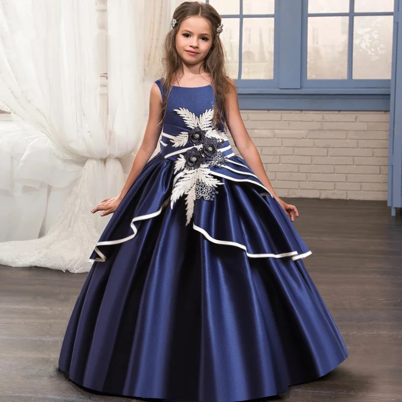 

4-14 Years Embroidery Retro Evening Ankle Length Kids Dresses For Girls Children Costume Princess Girls Wedding Dress