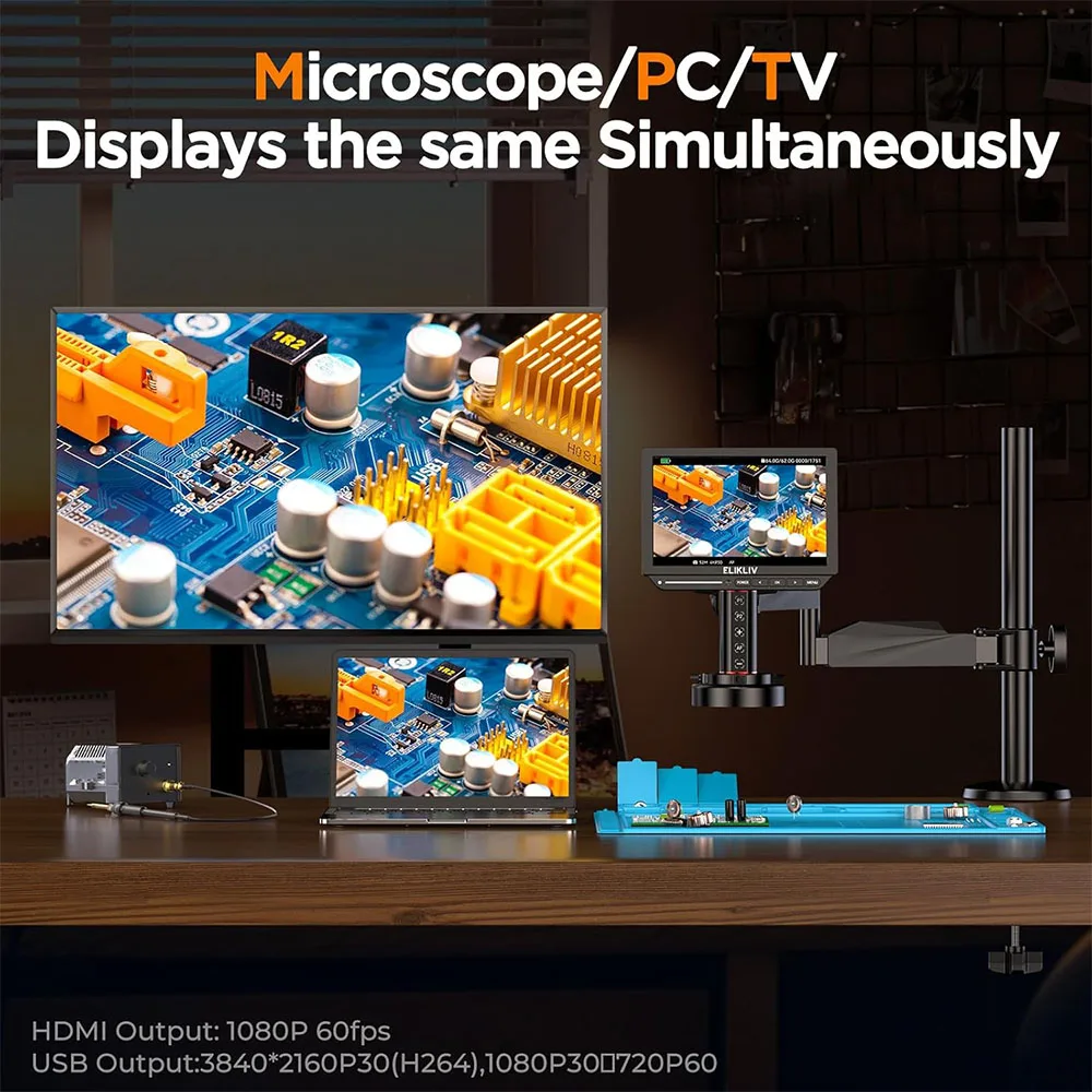 Elikliv EM4K-AF Flex 10.1'' Autofocus Digital Microscope 4K Soldering Microscopio for Electronics 2000X HDMI Microscope with Arm 6