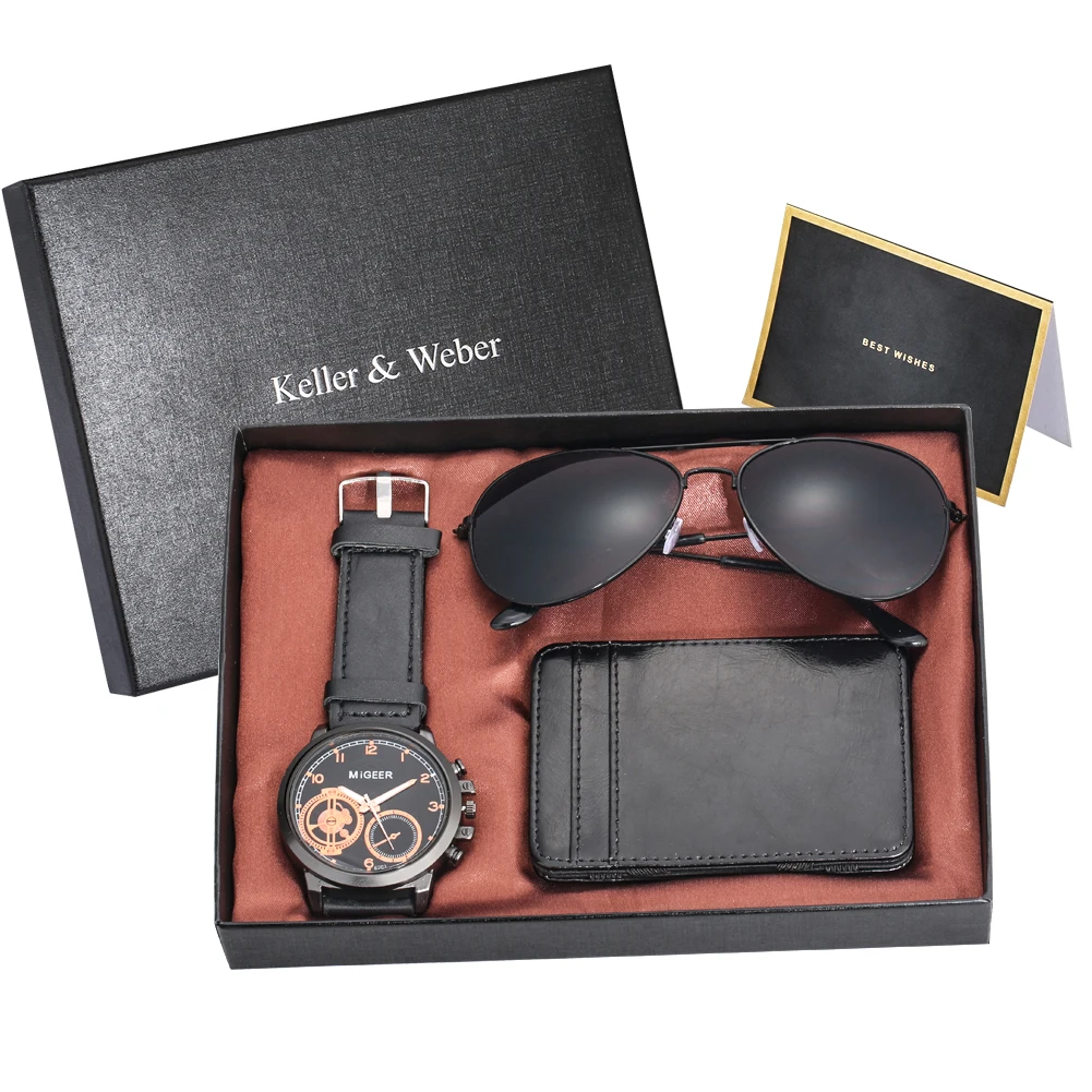 Exquisite Mens Wristwatch Credit Wallet Sunglasses Gift Set Quartz Watch Leather Wallets Fine Sunglass Gifts for Husband Father sunglasses veithdia день моды очки для ночного видения фотохромные очки для вождения rimless mens поляризованные солнцезащитные очки v2173