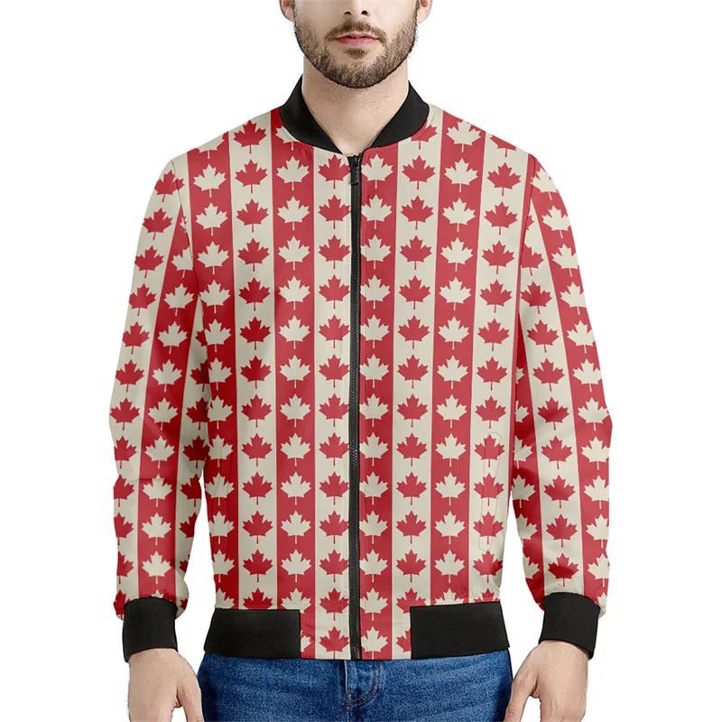 thumbnail image 1 of Chaqueta bomber con estampado de hojas de arce de Canadá para hombre, sudadera de manga larga en 3D, chaqueta bomber con cremallera de gran tamaño y estilo urbano, 1 of 5