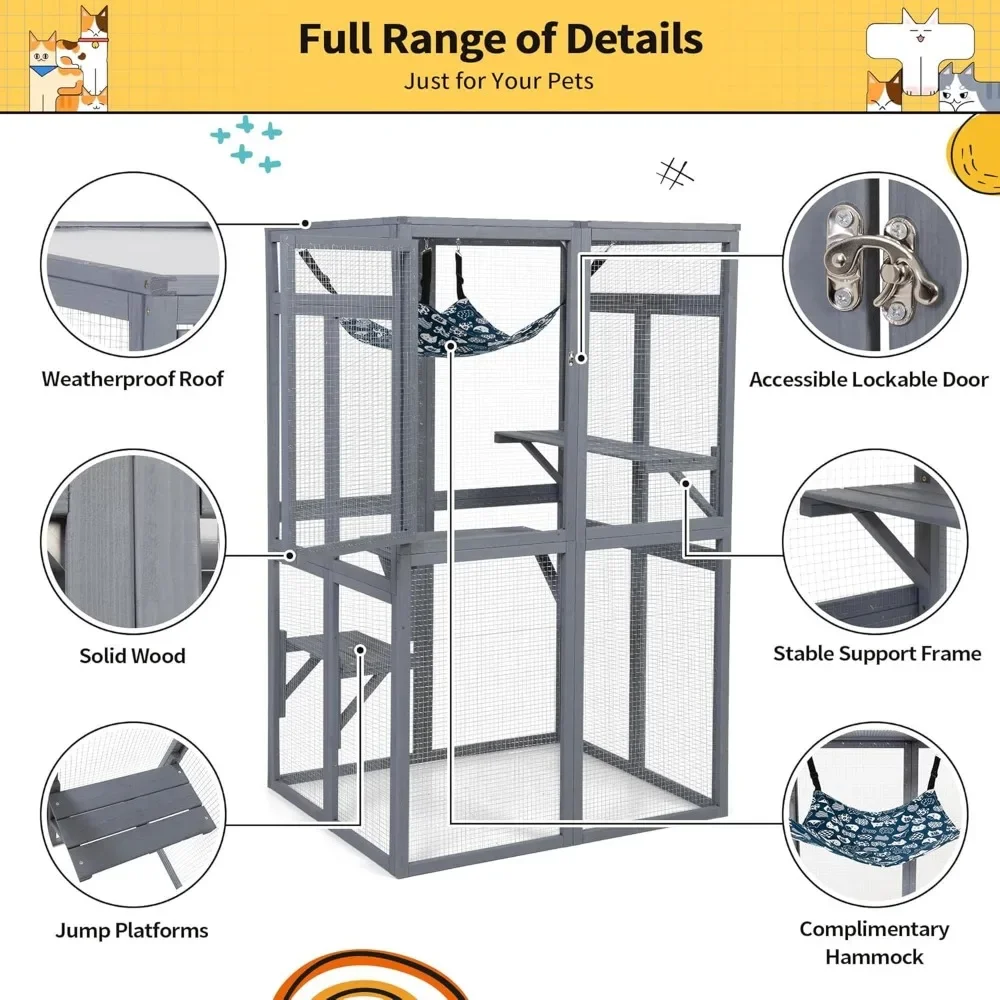 Cat House Outdoor Cat Enclosure Window Access Wood House Shelter Kitty Cage 3 Platforms For Patio Indoor Cats Cages