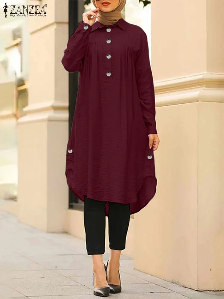 

Женский Длинный топ ZANZEA в мусульманском стиле, Весенняя блузка с длинным рукавом, отложным воротником, Рамадан, абайя, Турция, элегантная повседневная Свободная рубашка Дубая, кафтан