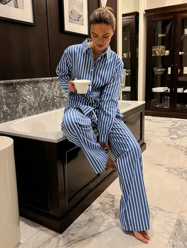 Marthaqiqi Striped Ladies Pajama Set Long Sleeve Nightgown Turn-Down Collar Sleepwear Nightwear Pants Loose Femme Sleepwear Suit