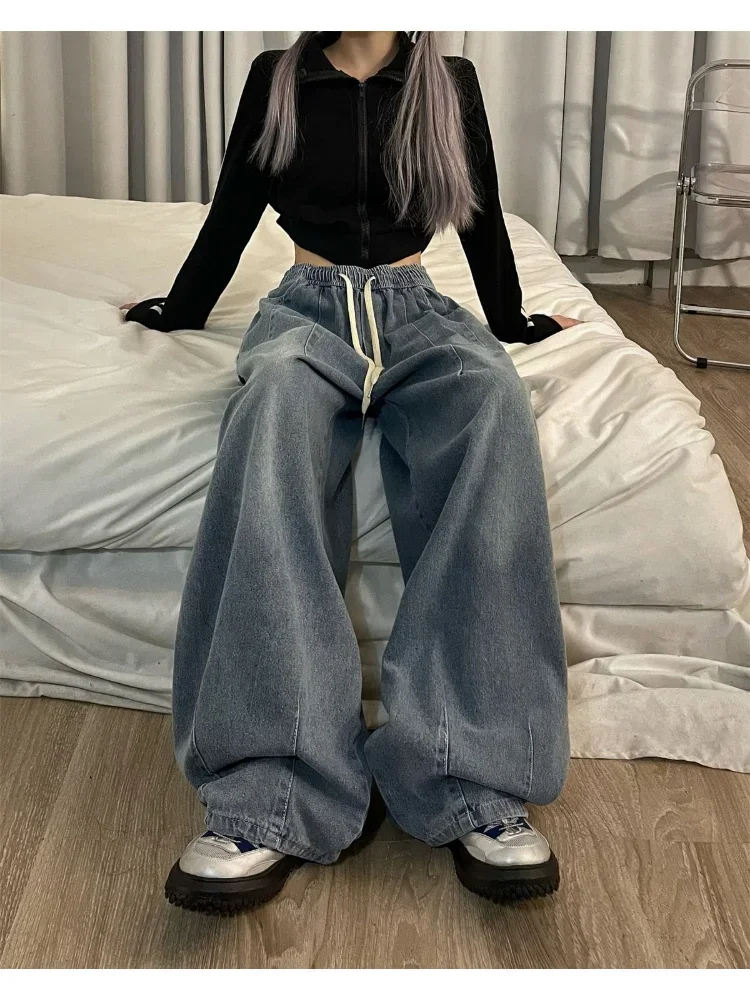 Elastic Waist Jeans Women Oversized Trouser Denim Wide Leg  Streetwear Straight Basic Pants Autumn Lady Jeans Drop Shipping