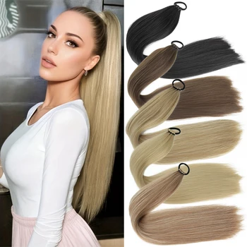 Synthetic Long Straight Hair 24Inch Ponytail Band Elasticity Rubber Band Hair Ring Ponytail Hair Extensions For Women