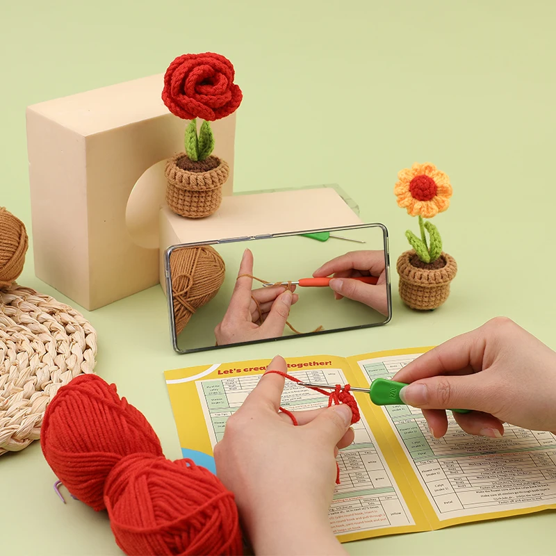Crochet Potted Flower Kit for Beginners With Video Tutorial Cotton Knitting Yarn Thread Needles Hooks Knit Tool Set 6pcs