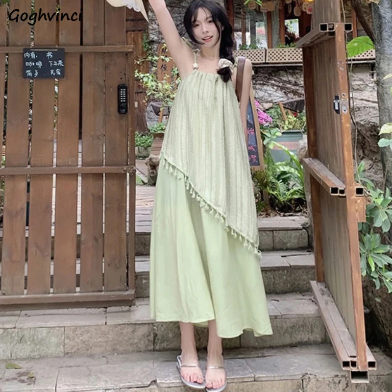 

A-line Dresses Women Sleeveless Green Tassel Loose Korean Style Sweet Holiday Beach Fake Two Pieces Elegant Mori Girl Stylish