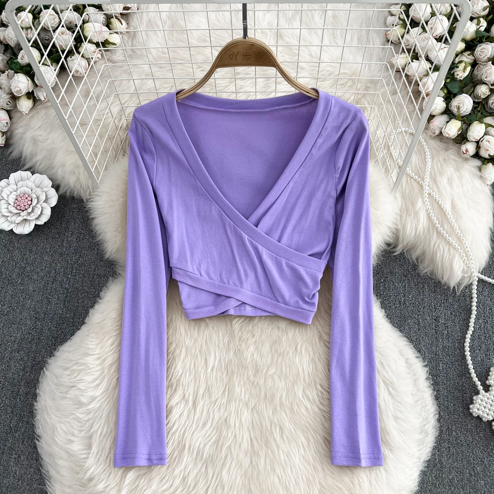 

Autumn Korean version of the retro temperament V-neck crossed long-sleeved high-waisted short belly button top women