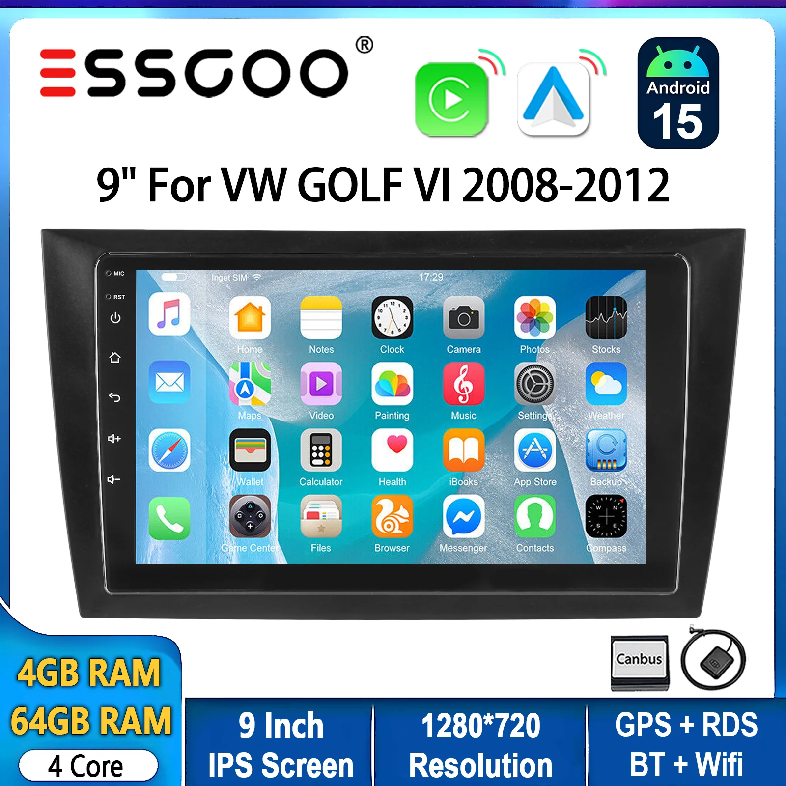Autoradio ESSGOO Android 15 9 Zoll 64G für VW GOLF VI 2008-2012 Drahtloses CarPlay Android Auto GPS Navigation FM WIFI RDS Lenkradsteuerung Bluetooth USB Mirror Link IPS Touchscreen Head-Unit