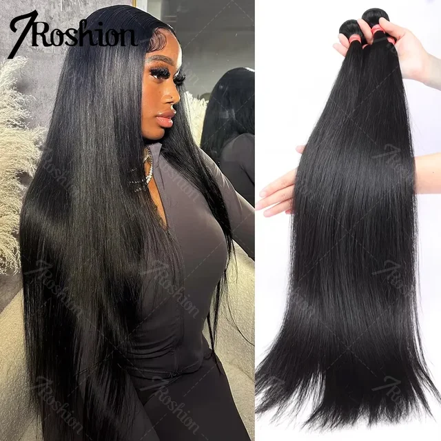 Extensions de cheveux humains brésiliens vierges non traités Remy, lisses comme des baguettes, 30-34 pouces, 3 ou 4 paquets, double trame, cheveux en vrac pour tressage 1