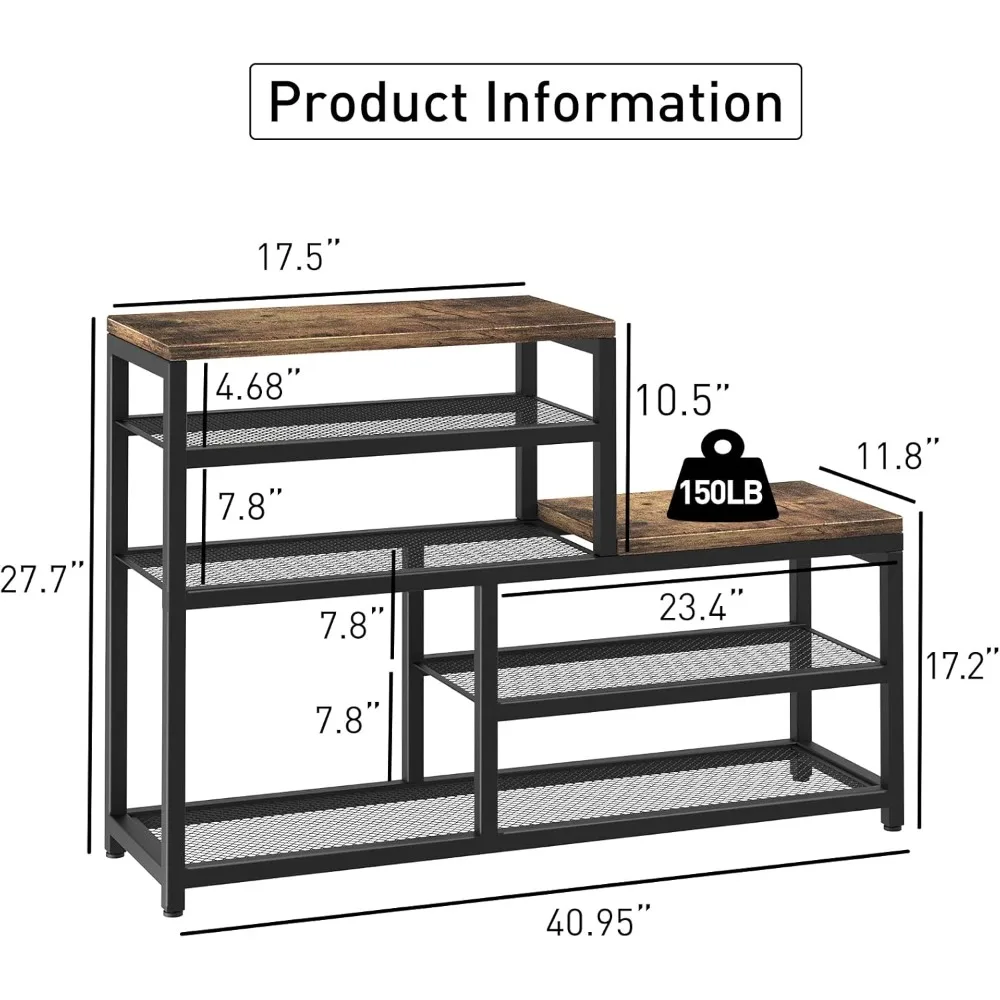 5-Tier Shoe Rack Bench Shoe Storage Organizer w/Seat, Industrial Free Standing Rack Shelves for Entryway, Hallways, Closets