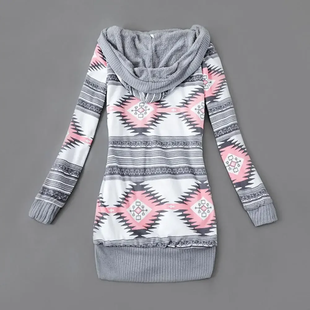 Women Cardigan Striped Print Long Sleeve Sweater Coat Buttons Closure Hooded Plush Lining Sweater Outerwear For Autumn Winter 5