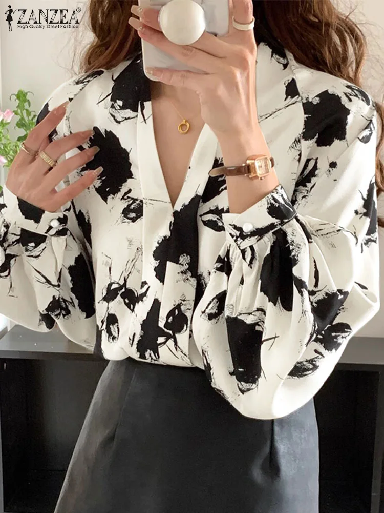 

2023 ZANZEA Woman Casual Printed Blouse Female Fashion Holiday Shirt Puff Sleeve V-Neck Tunic Tops Vintage Button Cuffs Chemise