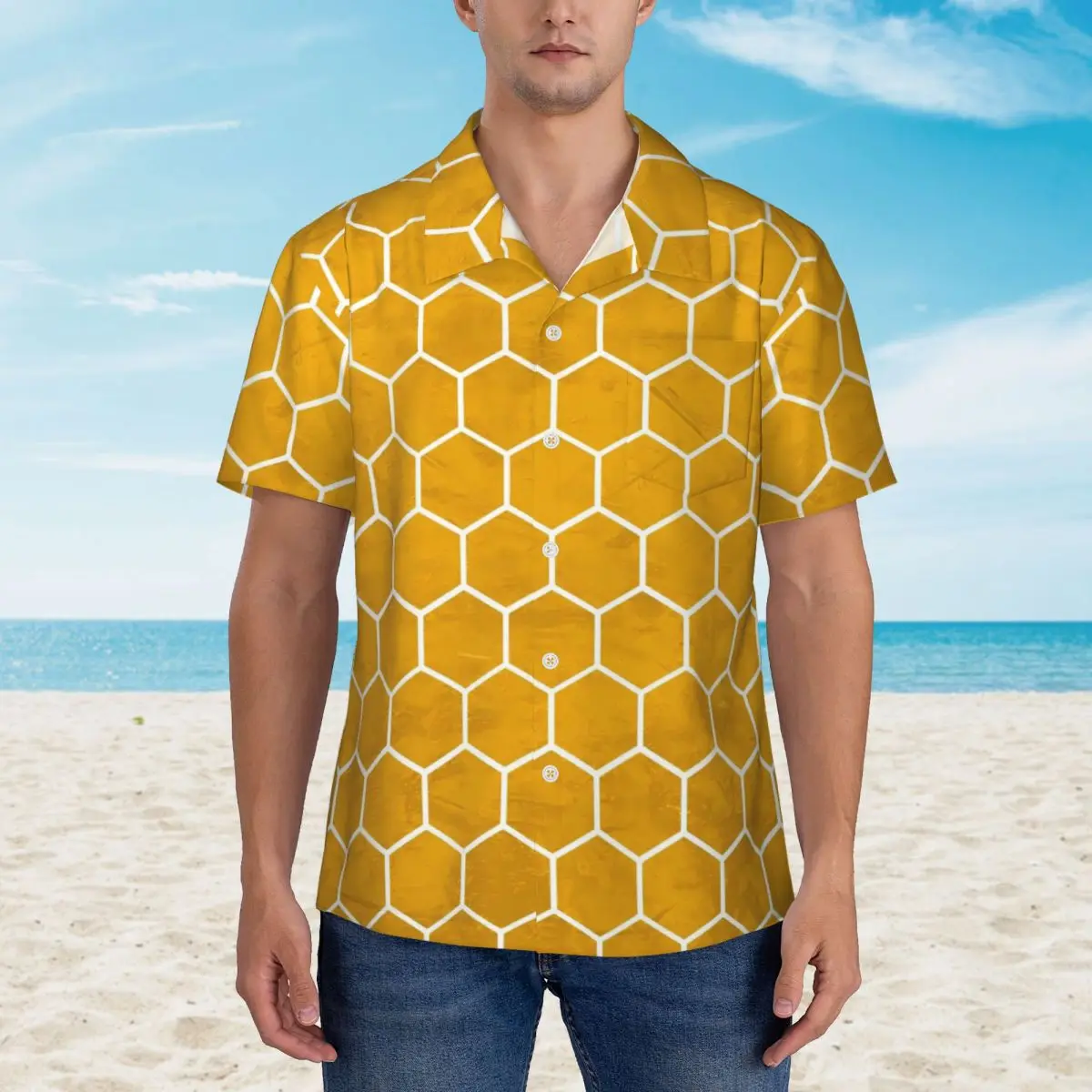 

Yellow Hives Vacation Shirt Man Hexagonal Hexagon Casual Shirts Hawaiian Short Sleeve Design Vintage Oversized Blouses Gift