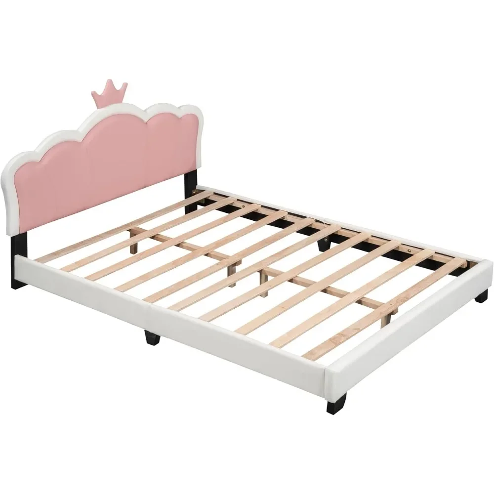 Full Size Upholstered Princess Bed with Crown Headboard, Full Size Platform Bed with Headboard and Footboard Suitable for girls 6
