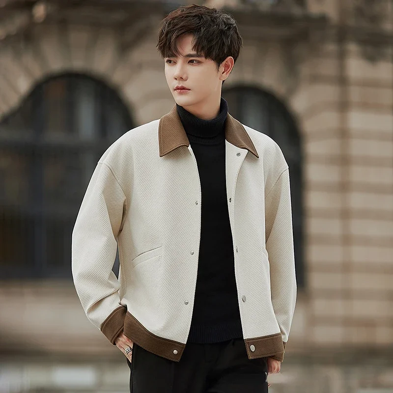 남성용 트윌 스플라이싱 재킷, 라펠 디자인, 루즈 캐주얼 재킷, 최고급 트렌드, 조류감, 용수철 및 가을