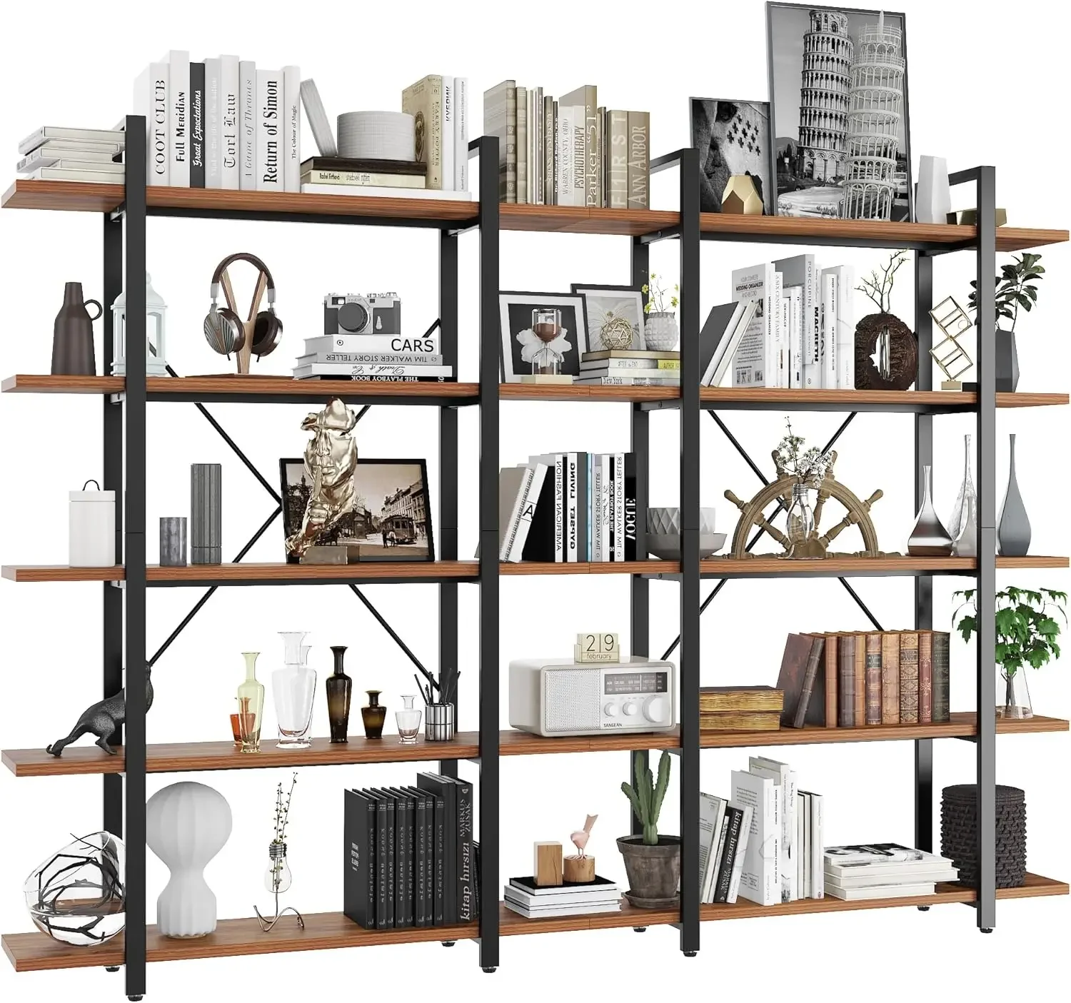 Wood and Metal Minimalist 5 Tier Bookshelf Large Tall Open Rustic Wide Bookcase Industrial Style Modern Wooden Big Book Shelf