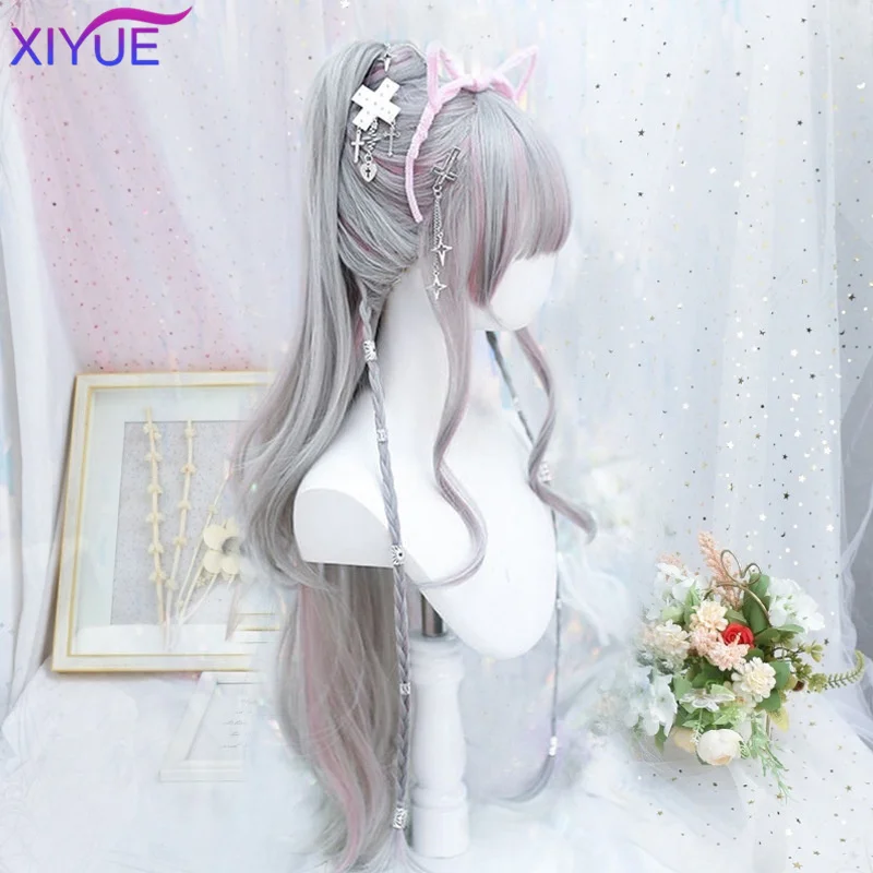 XIYUE Grey Highlights Pink Long Curly Synthetic Wig Female Punk Style Lolita Straight Bangs Long Curly Hair Cosplay Party Wig