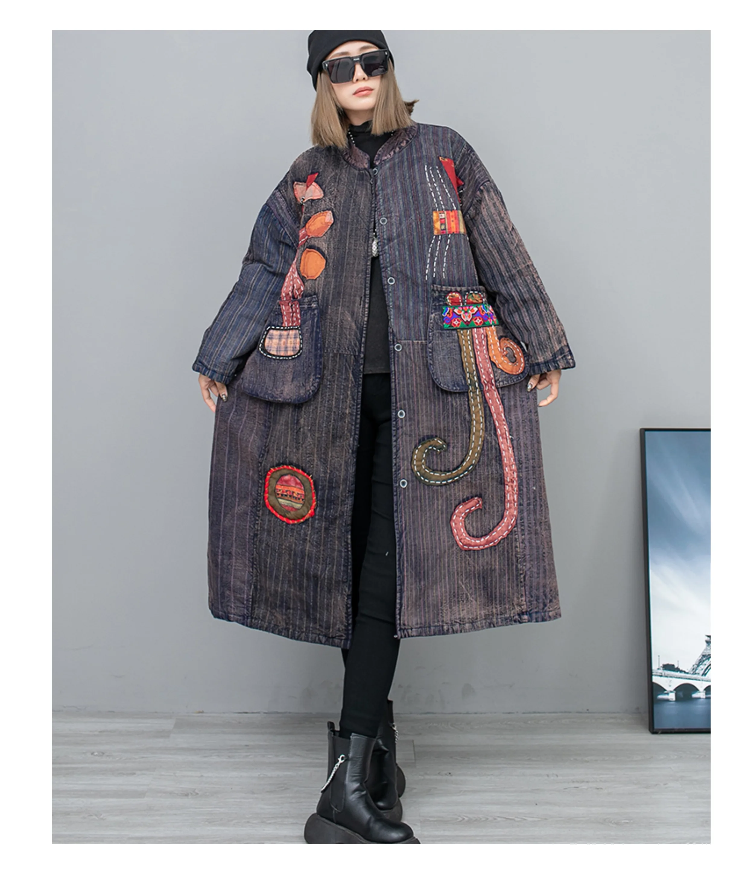 

Heavy Hand-embroidered Applique Patch Parka Trench Women Winter Splice Single-breasted Nation Style Wide Waisted Windbreaer