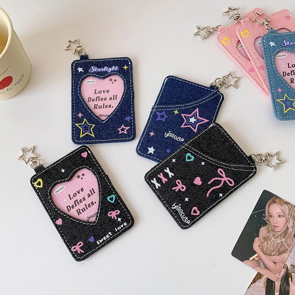 Kpop Idol Photocard Storage Denim Frame with Keychain 3 Inch School Girl Trend Gift Card Holder & Note Holder 3