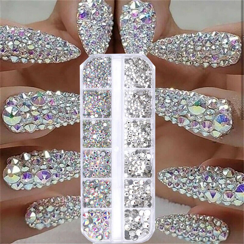 Ab Crystal Flat Back Clear Nail Rhinestone 3d Flat Bottom Mixed Size  Dazzling Diamonds Nail Art Decoration In Wheel - Rhinestones & Decorations  - AliExpress