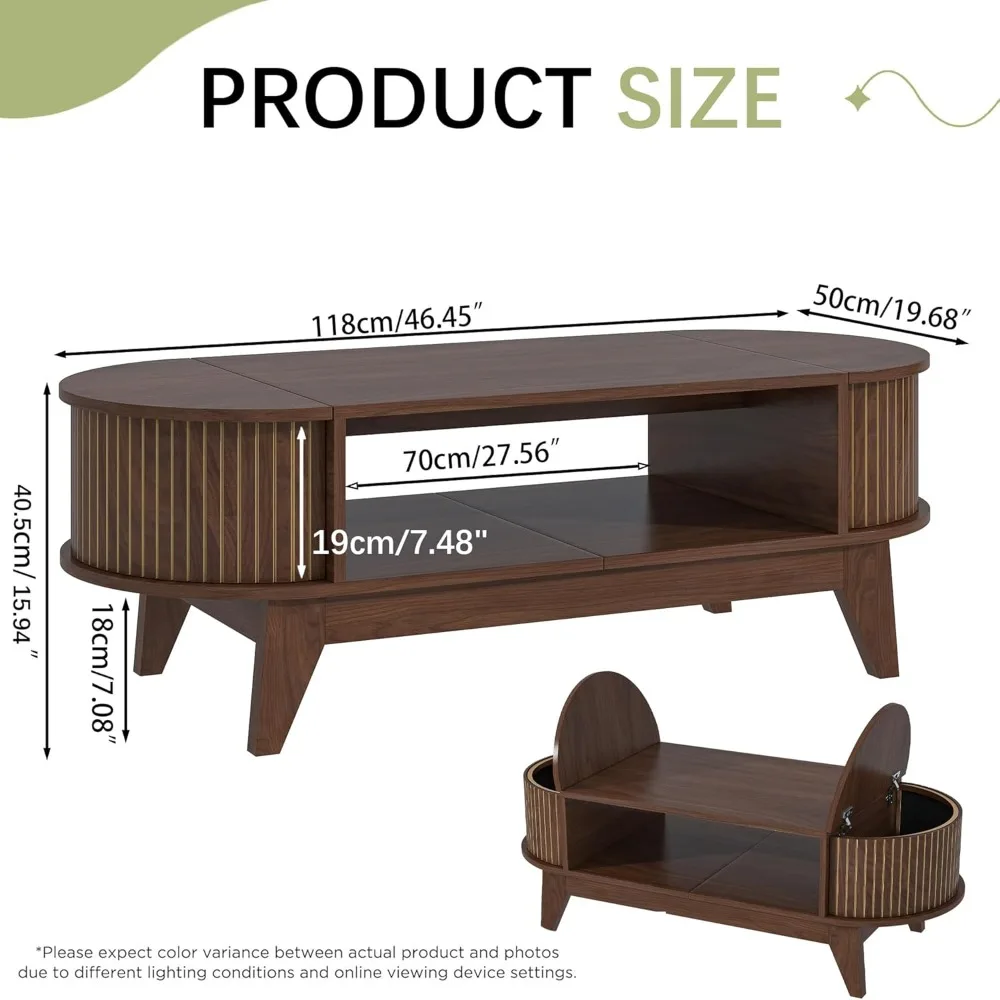 Coffee Table with Storage,Mid Century Modern Coffee Tables with 2 Flip-Top Hidden Lids,Fluted Coffee Table,Wood Center Table for 2