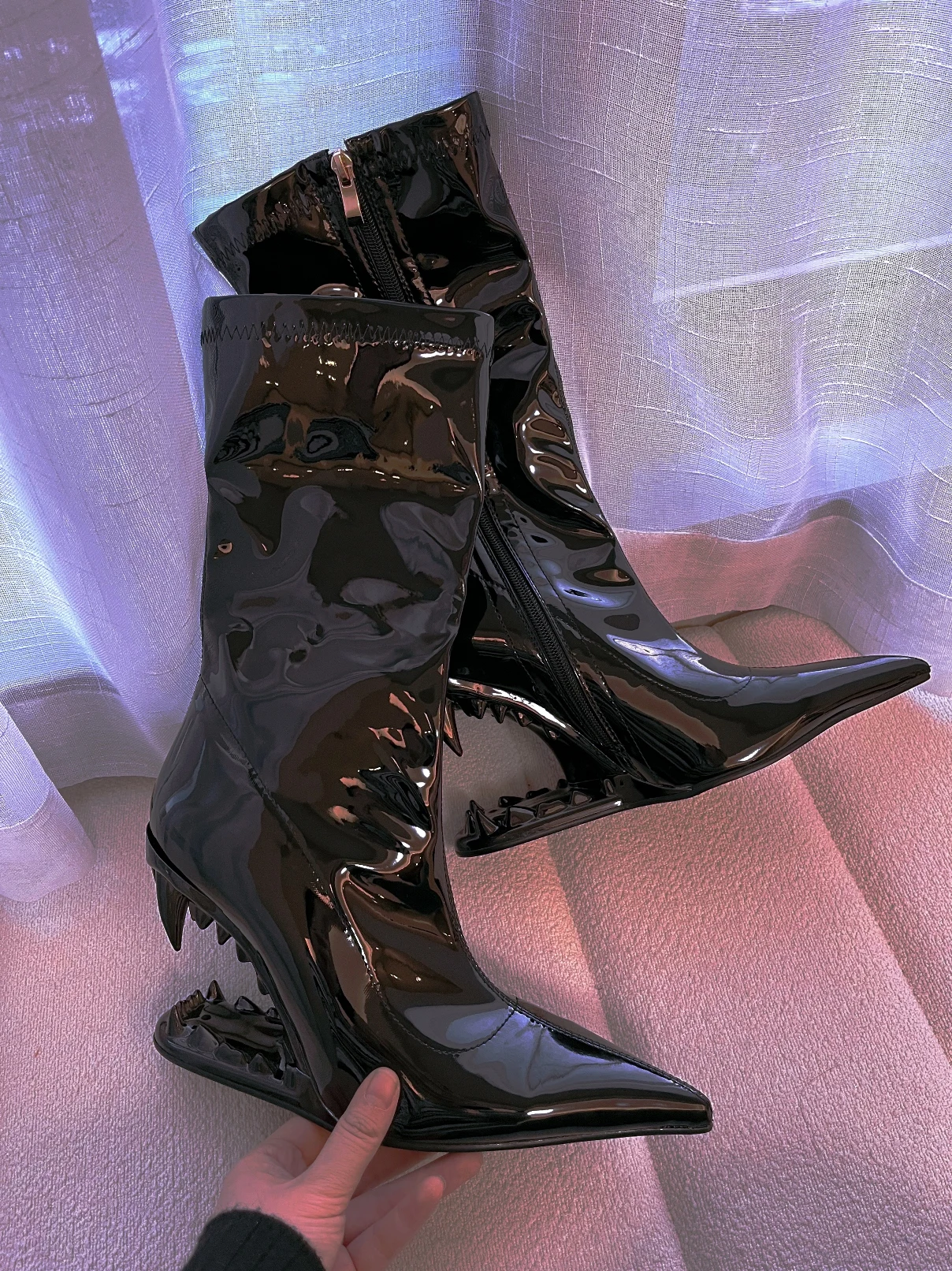 Patent Leather Pointed Toe Stretch Ankle Morso Boots Ladies Wedge High  Heeled Pink Green White Candy Color Matching Stitching - AliExpress, image size:1208x1612