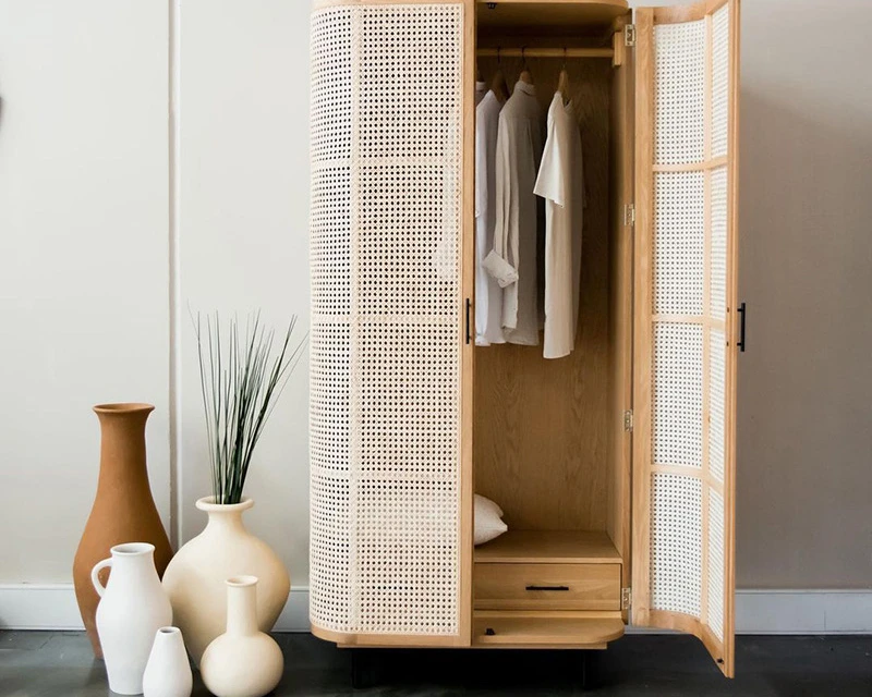 

Nordic rattan two-door wardrobe B&B retro hotel solid wood storage cabinet ash wood double door wardrobe