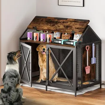 Dog Crate Furniture, Dog Kennels with Storage, Heavy Duty House Style Dog Pet Home with Two Doors Carpet and Bowls, Re 1