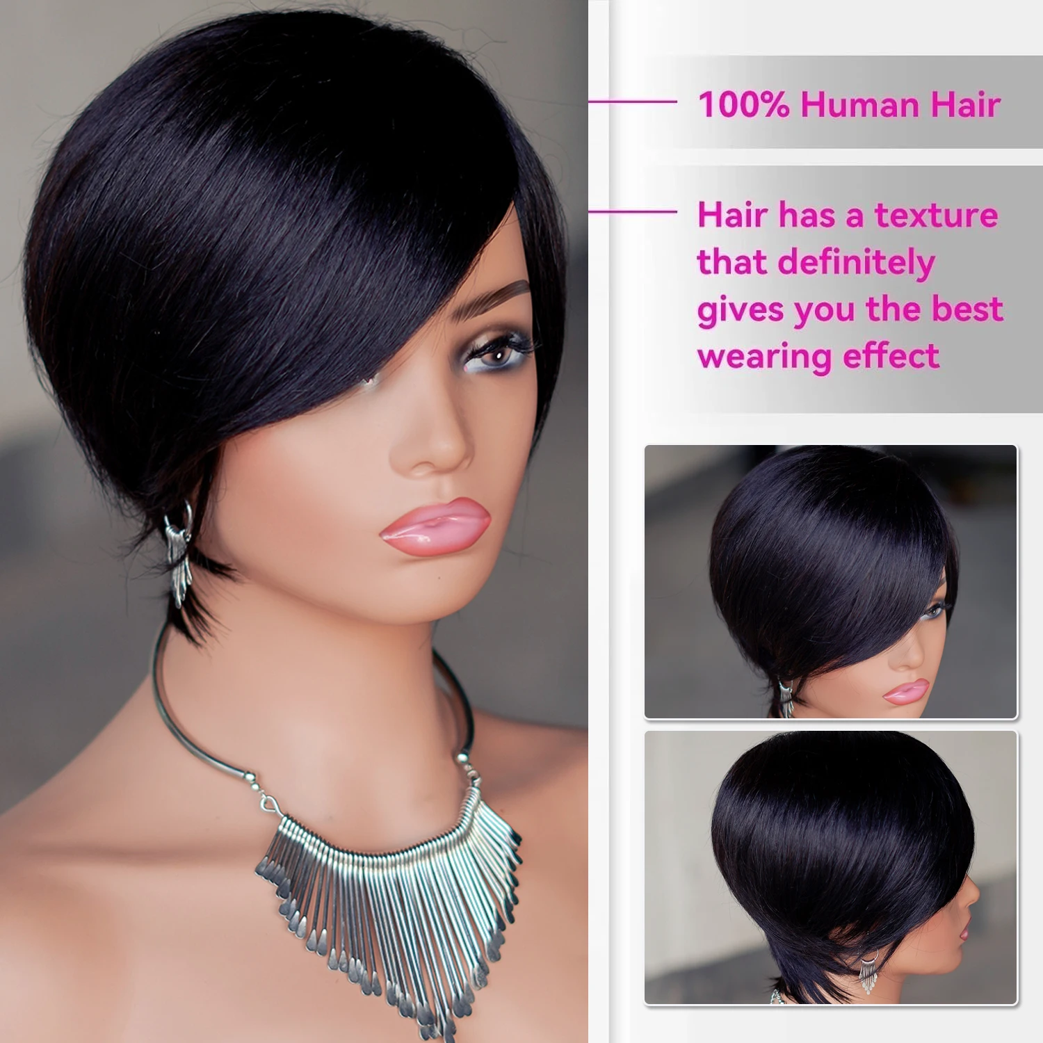 Pixie Cut 100% 여성용 짧은 레미 레이어드 인모 가발, 옆머리 포함, 브라질 내추럴 블랙 헤어, 저렴한 가발 -  AliExpress