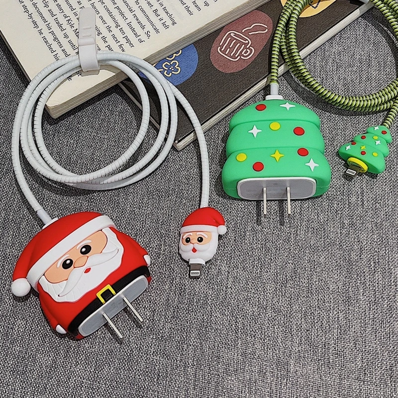 

2pcs/set Cute Bite Christmas New Year Series Rose Design Cable-Winder USB Data Line Protector Cord Cover Silicone Decorate